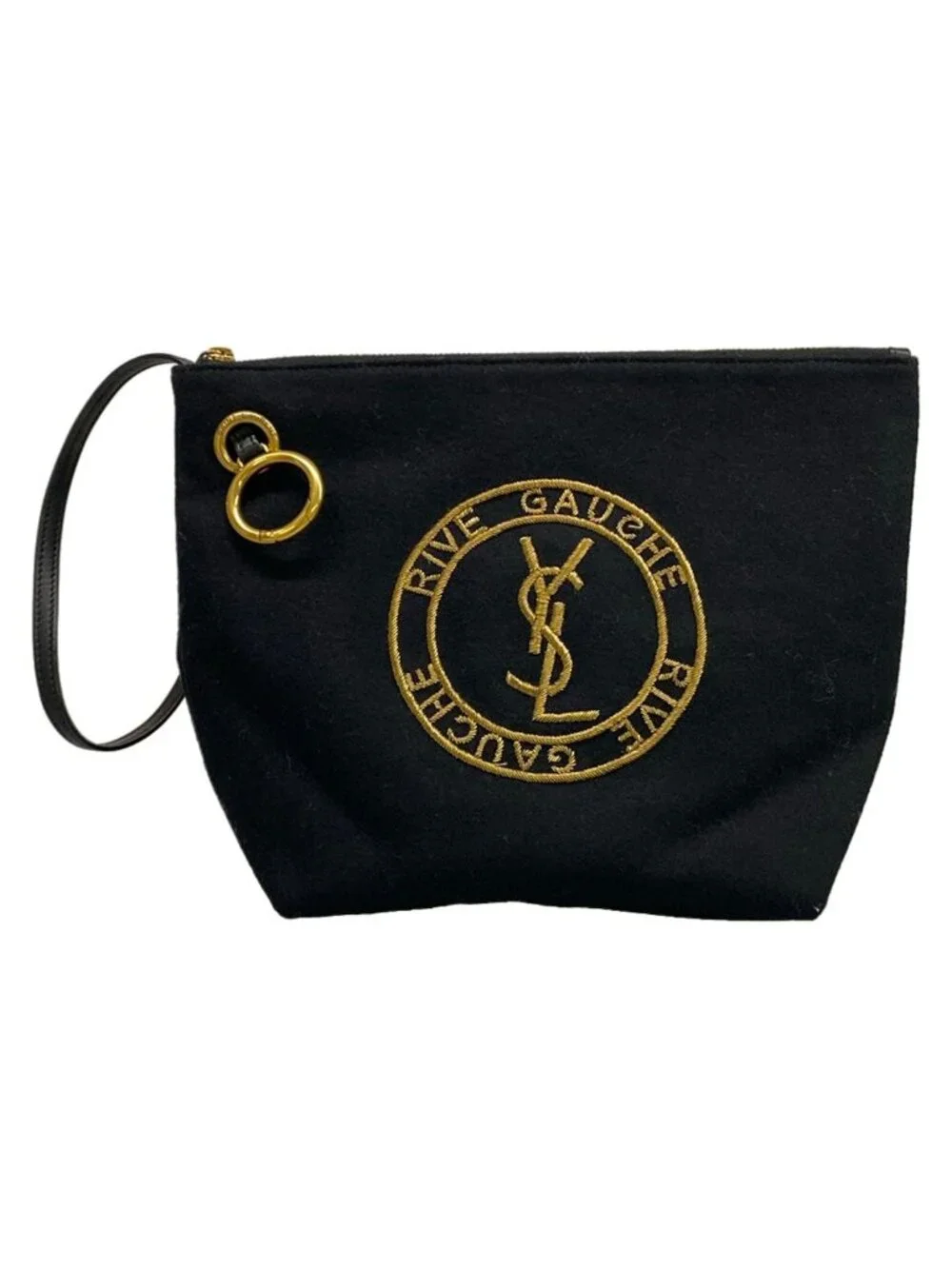 Saint Laurent Paris Pouch Embroidered Black Gold Wool Leather